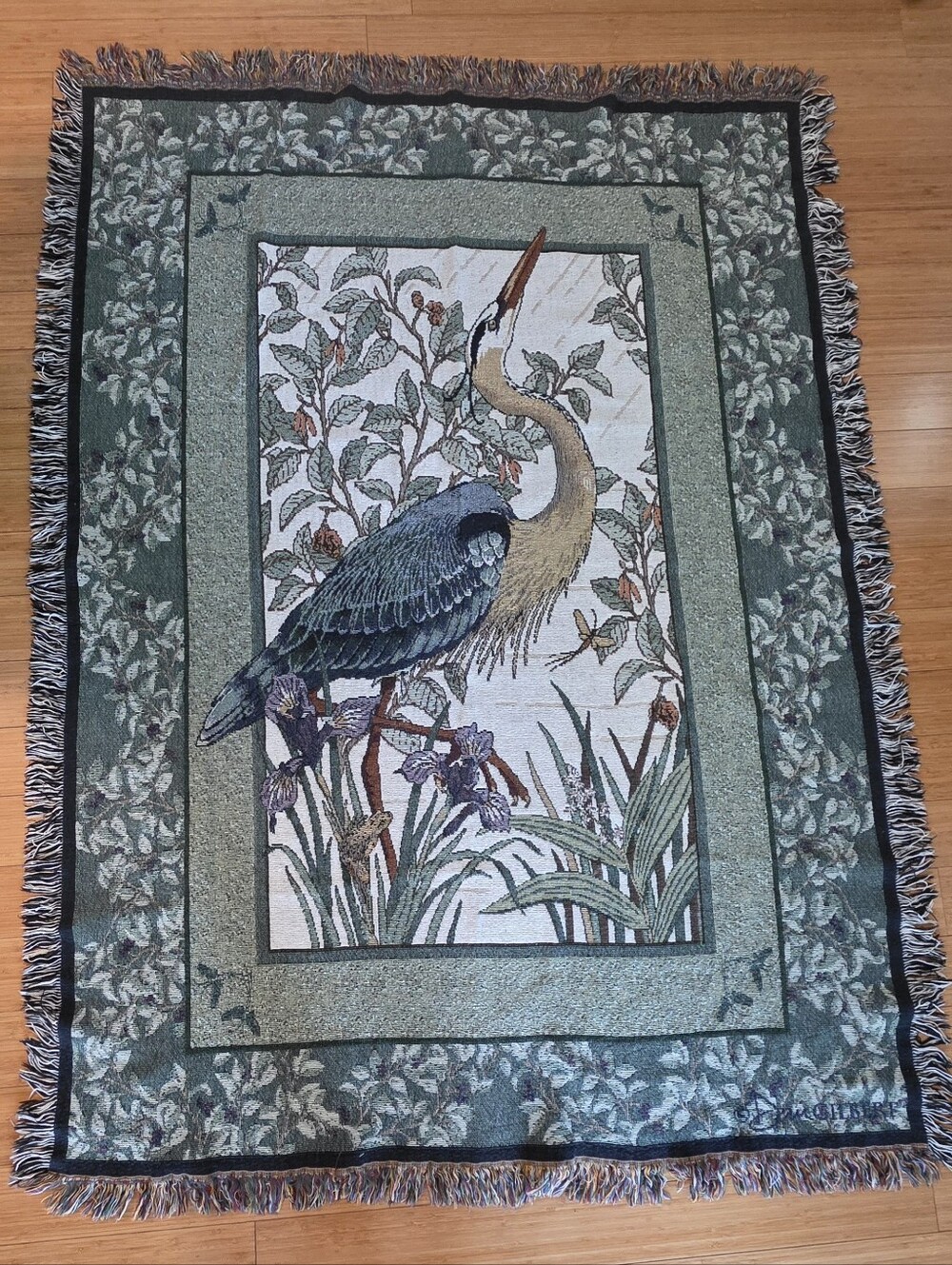 Great Blue Heron Vintage Tapestry Throw Blanket Fringed USA Dan Gilbert 50x70 In
